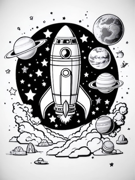 um desenho de um ônibus espacial no céu com planetas em torno dele