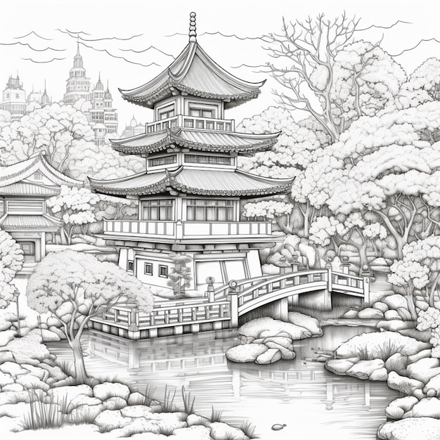 Um desenho de um pagode em um jardim japonês com uma ponte generativa ai