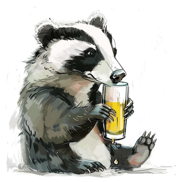 um desenho de um panda bebendo um copo de cerveja