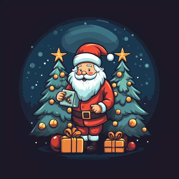 um desenho de um Papai Noel com uma árvore de Natal ao fundo
