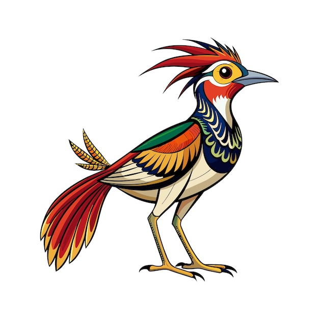 um desenho de um pássaro colorido com uma cauda vermelha