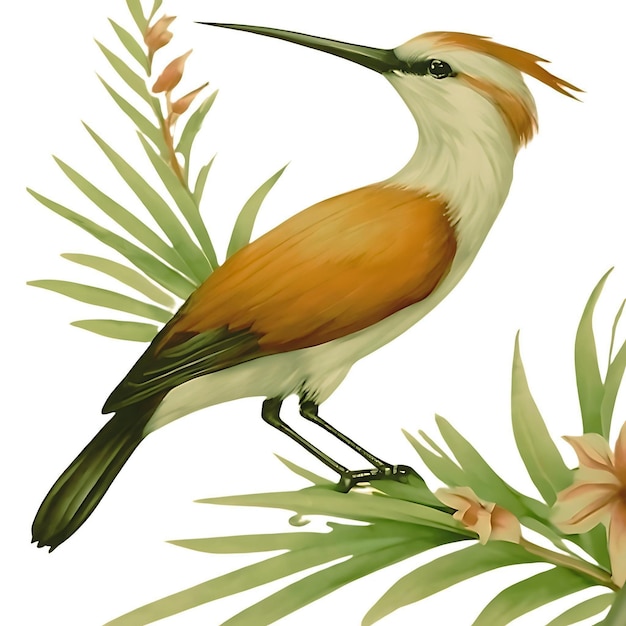 Foto um desenho de um pássaro com uma planta verde no fundo branco