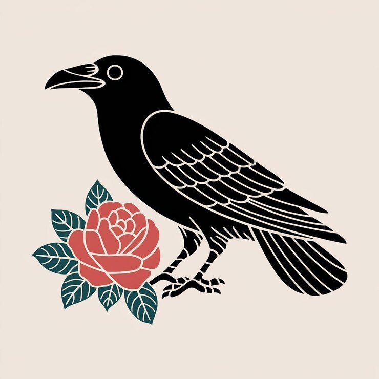 Foto um desenho de um pássaro com uma rosa e folhas