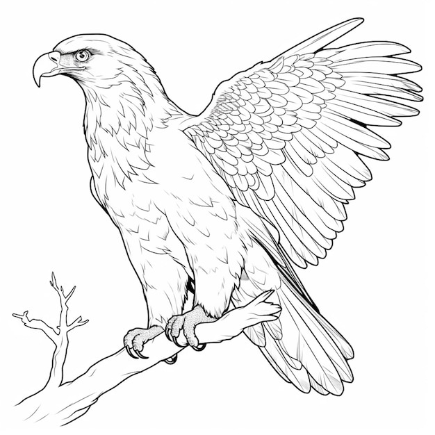 Um desenho de um pássaro sentado em um galho com as asas estendidas