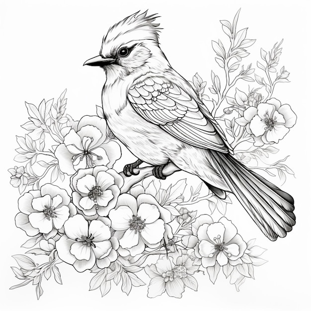 um desenho de um pássaro sentado em um galho de uma árvore com flores