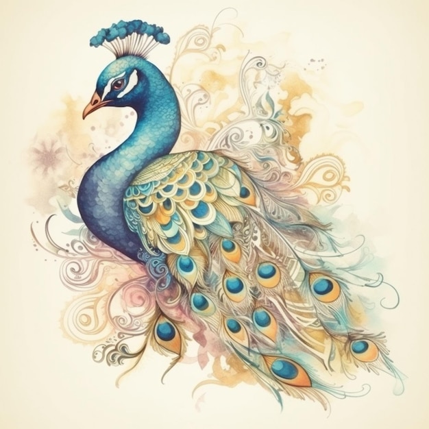 Um desenho de um pavão com uma cauda azul.