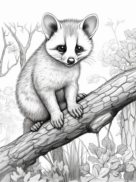 um desenho de um pequeno animal sentado em um galho de árvore generativo ai