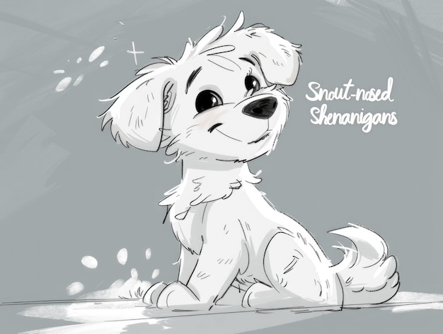 Um desenho de um pequeno cão branco sentado