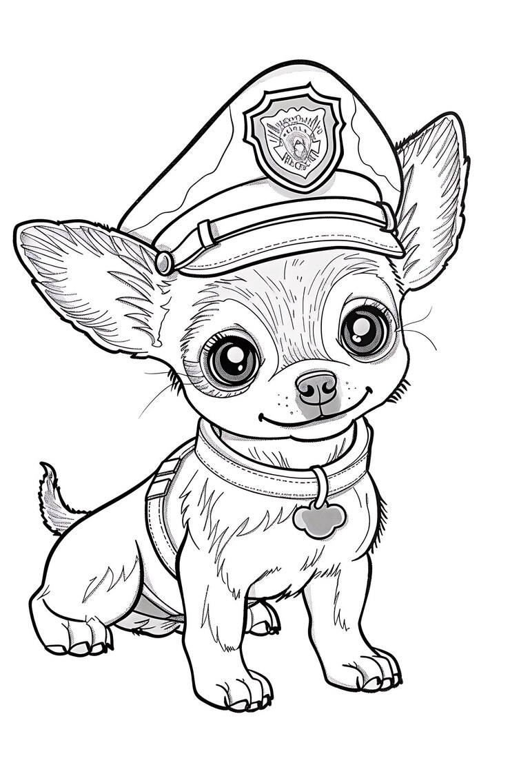 Foto um desenho de um pequeno cão vestindo um chapéu de polícia