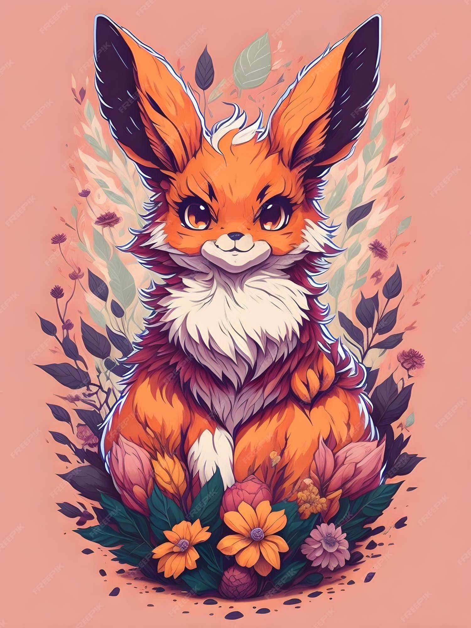 Um desenho de um personagem pokémon fofo com flores no fundo.