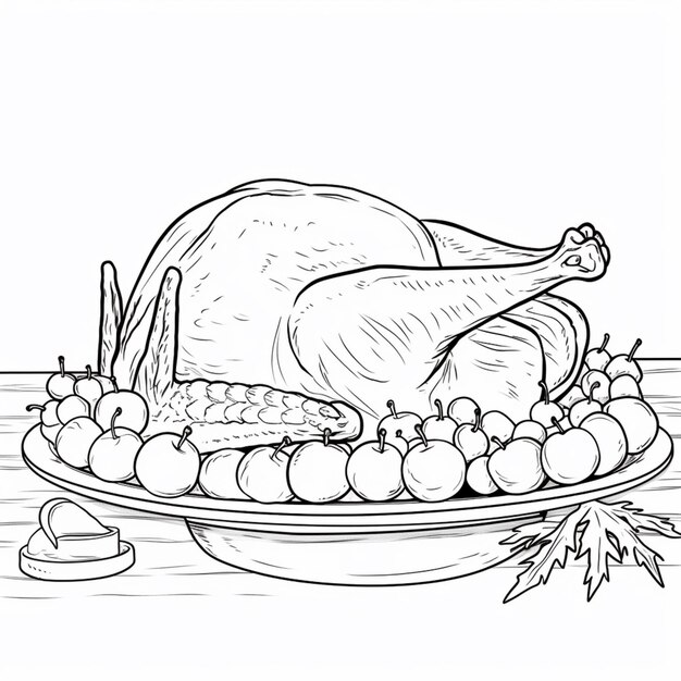 um desenho de um peru em um prato com maçãs e vegetais ai generativo