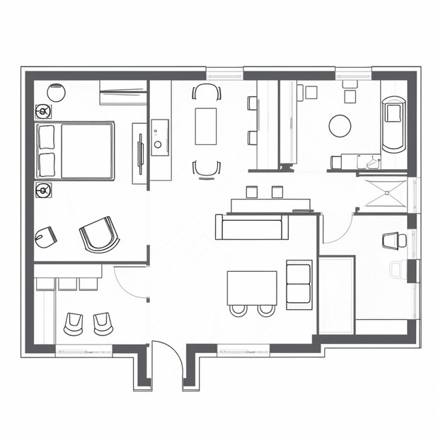 Um desenho de um plano de piso de uma sala de estar e área de jantar generativa ai