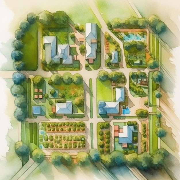 Um desenho de um plano de uma área residencial com muitas árvores