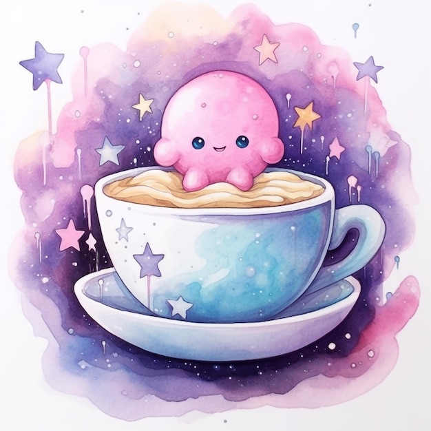 Foto um desenho de um polvo fofo em uma xícara de café.