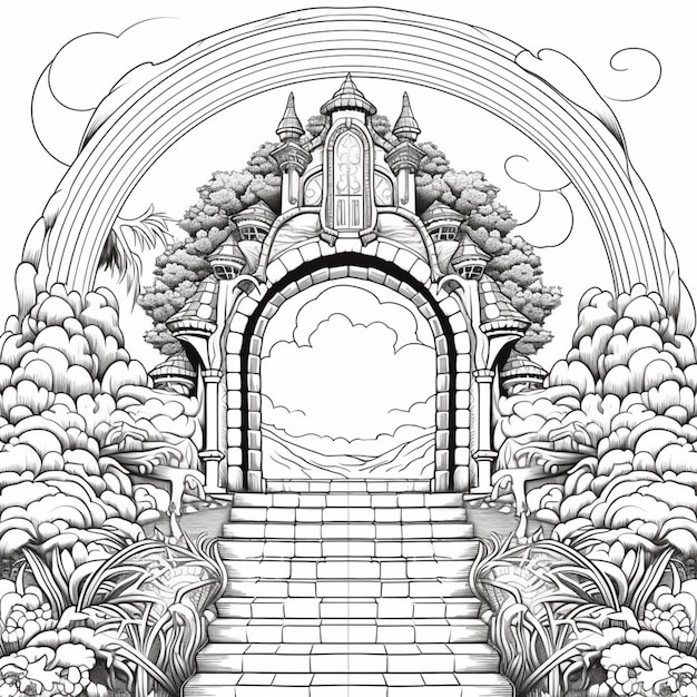 Um desenho de um portão com um arco-íris no fundo generative ai