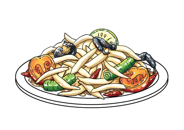 um desenho de um prato de salada de papaia som tum poo