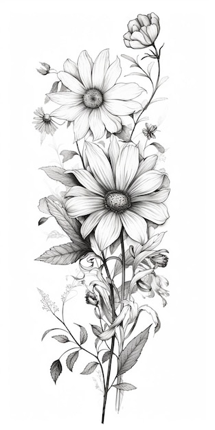 Um desenho de um ramo de flores com folhas e flores generativas ai