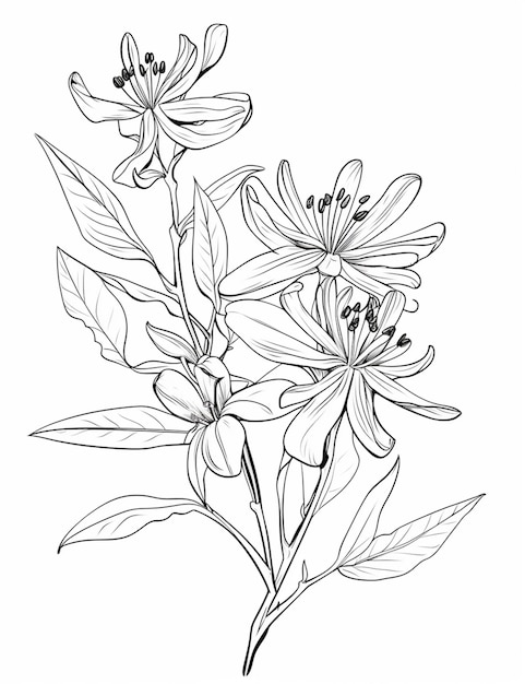 um desenho de um ramo de flores com folhas em um fundo branco generativo ai