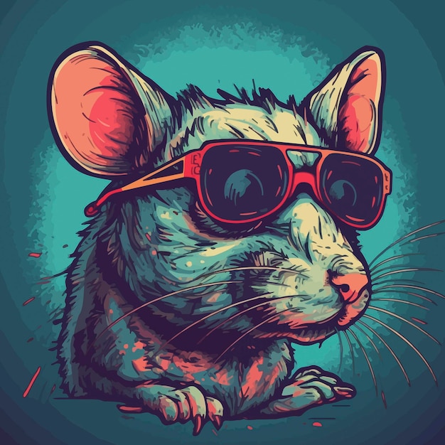 Um desenho de um rato usando óculos escuros e um fundo azul.