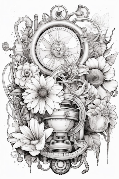 um desenho de um relógio cercado por flores e outras coisas ai generativa