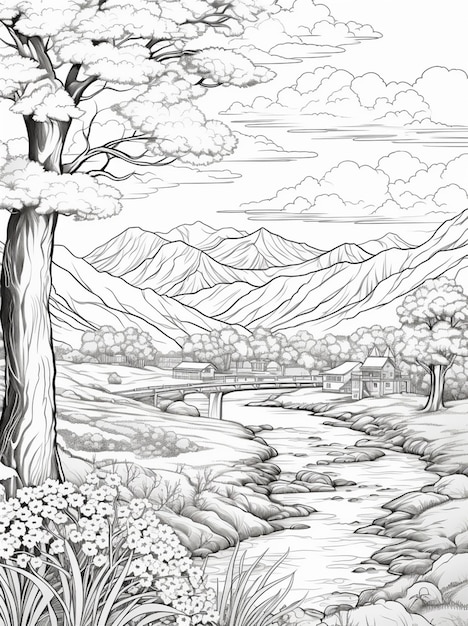 um desenho de um rio com árvores e montanhas no fundo generativo ai