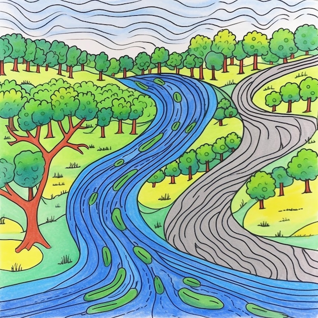 Um desenho de um rio que atravessa uma floresta cheia de árvores