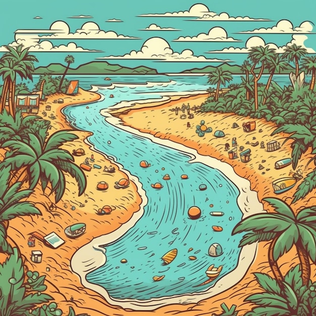 um desenho de um rio que atravessa uma praia arenosa geradora de IA