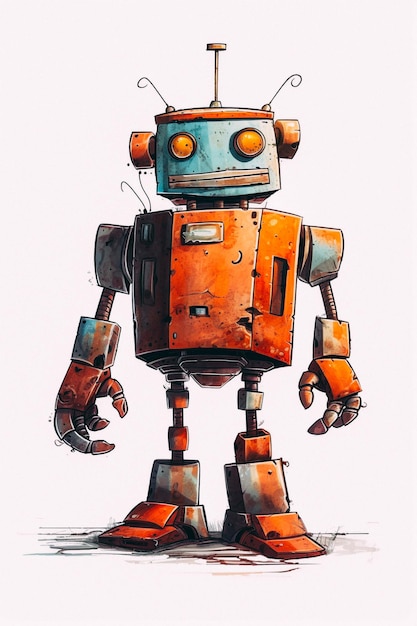 Um desenho de um robô com rosto vermelho e olhos azuis.