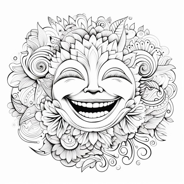 Foto um desenho de um rosto sorridente com uma flor e gira em torno dele generativo ai
