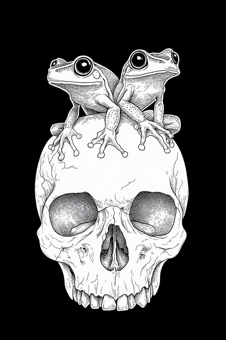 Foto um desenho de um sapo e sapo em um crânio