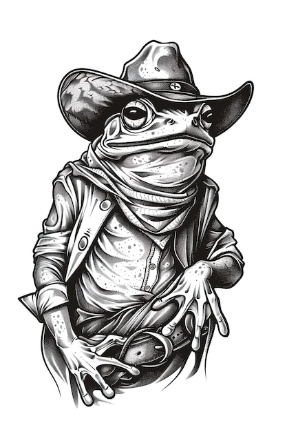 um desenho de um sapo vestindo um chapéu de cowboy e segurando um peixe