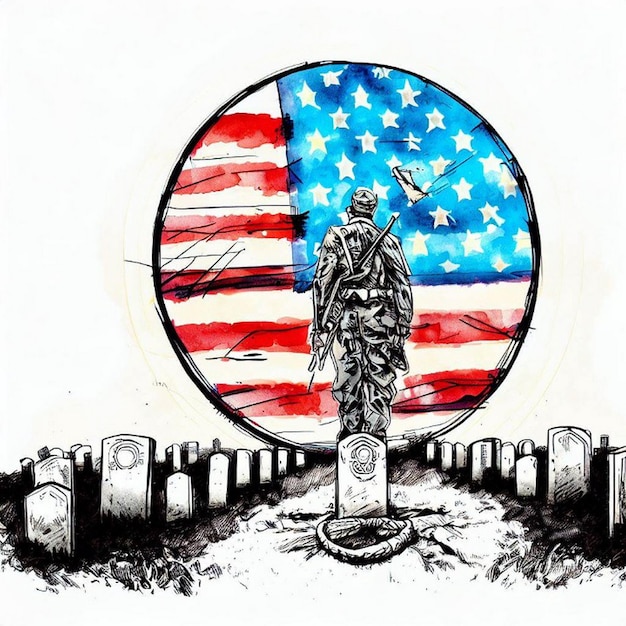 Um desenho de um soldado com a bandeira americana ao fundo.