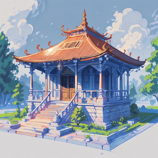 Foto um desenho de um templo de anime com um fundo azul