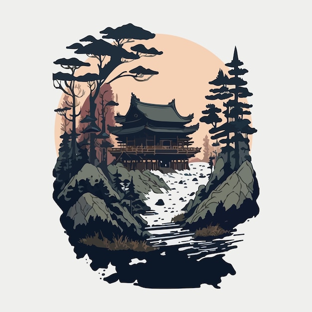 Templo Japonês Na Floresta. Ilustração Vetorial. Eps 10 Arquivo