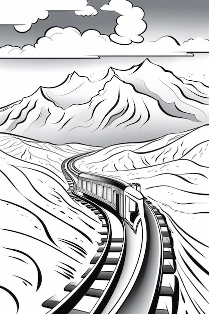 um desenho de um trem viajando por uma cordilheira nevada geradora de IA