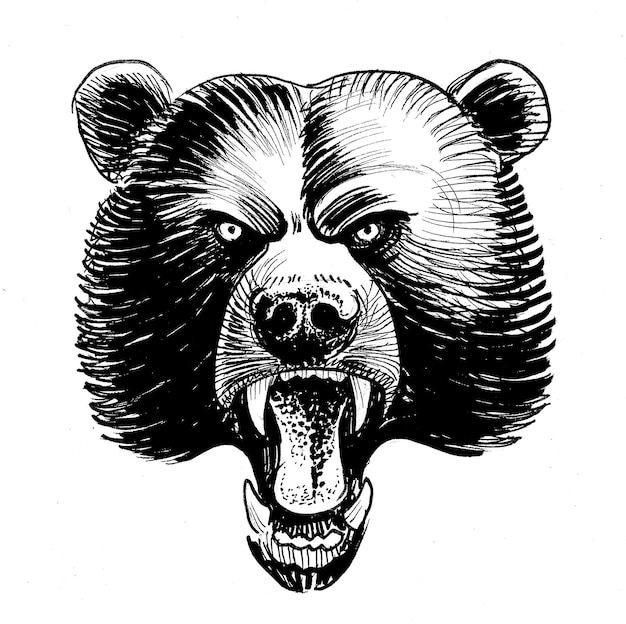 Foto um desenho de um urso com dentes afiados e nariz preto.