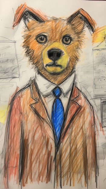 Foto um desenho de um urso com uma gravata e uma jaqueta que diz urso