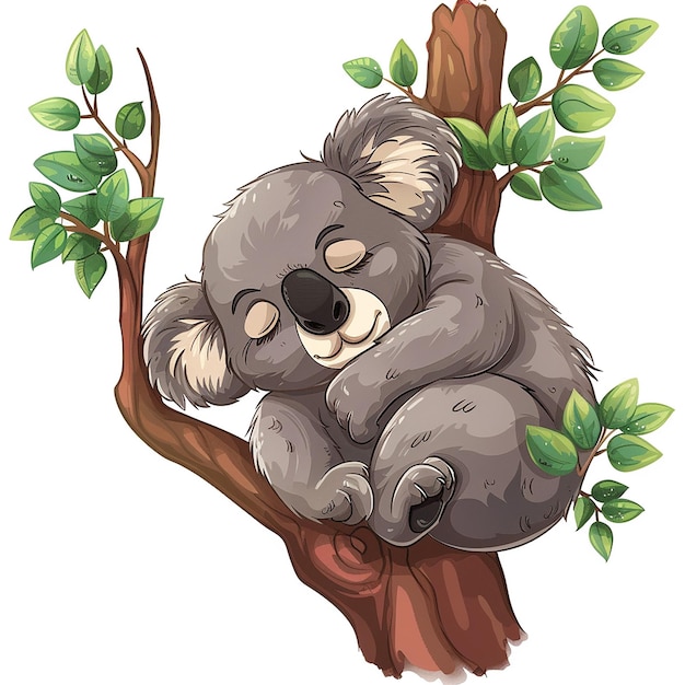 um desenho de um urso koala dormindo em um galho de árvore