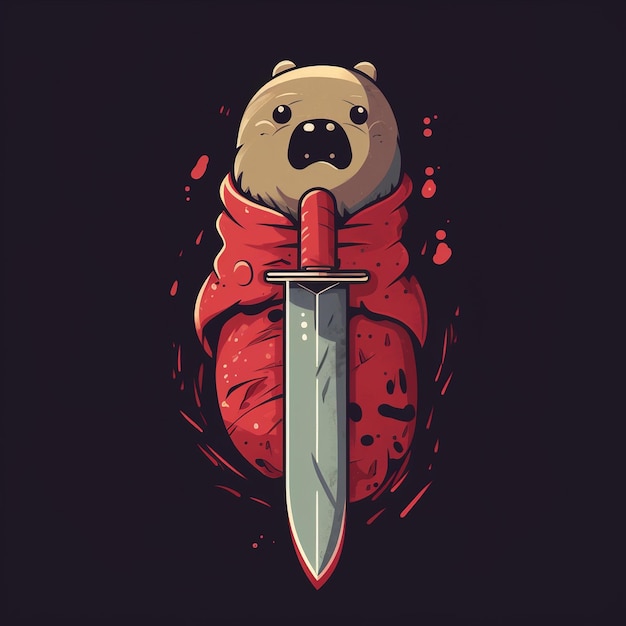 Um desenho de um urso no cobertor com uma espada sobre ele