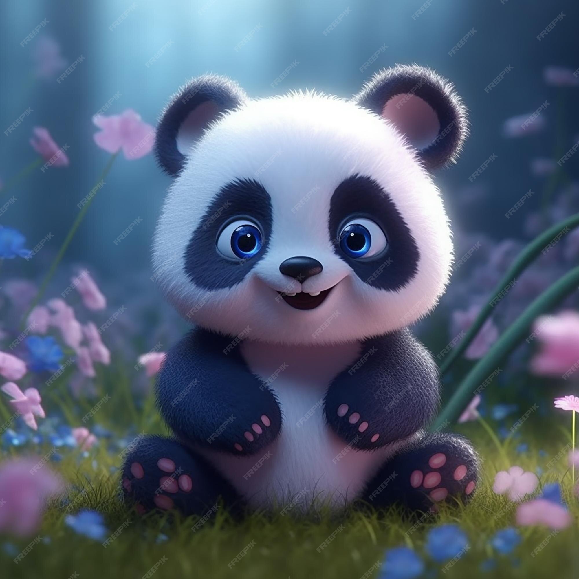 Baixe Urso Panda de Desenho Animado Sentado na Grama com Flores PNG -  Creative Fabrica