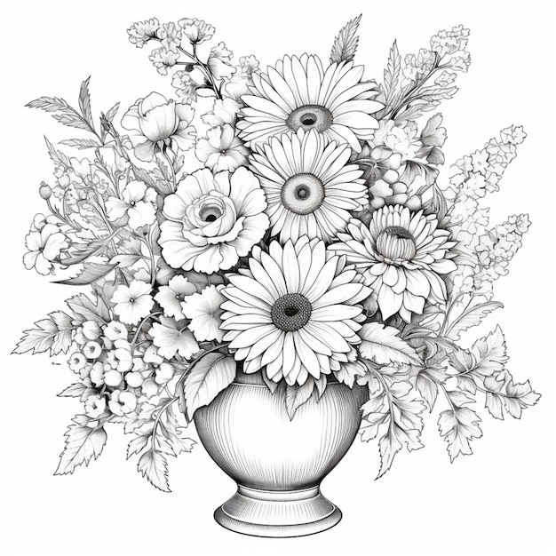 um desenho de um vaso com flores em um fundo branco generativo ai