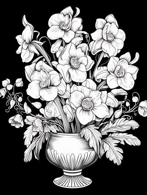 um desenho de um vaso com flores em um fundo preto ai generativo