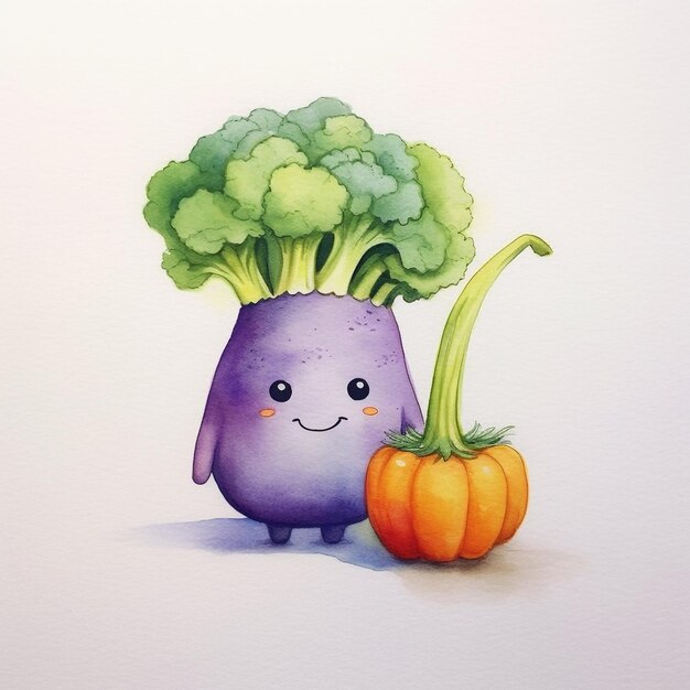 Foto um desenho de um vegetal roxo com um rosto sorridente.