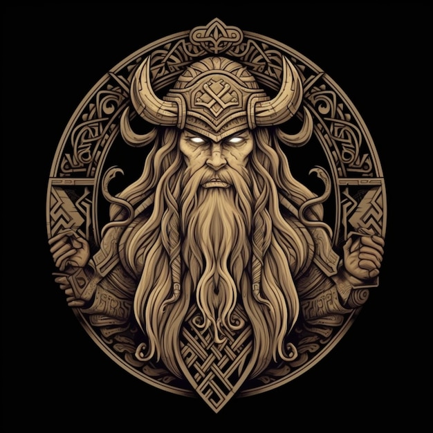 Um desenho de um viking com uma longa barba e um rosto com chifres generativo ai