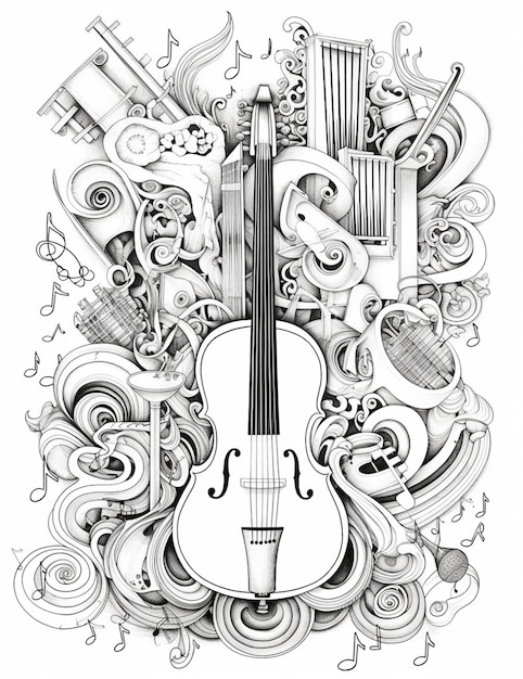 Foto um desenho de um violino com instrumentos musicais e notas musicais generativas ai