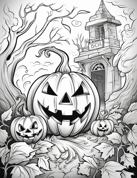 um desenho de uma abóbora de halloween e duas abóboras jack o lantern generative ai