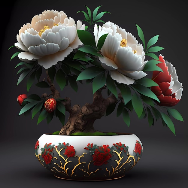 Um desenho de uma árvore bonsai com flores brancas nele.