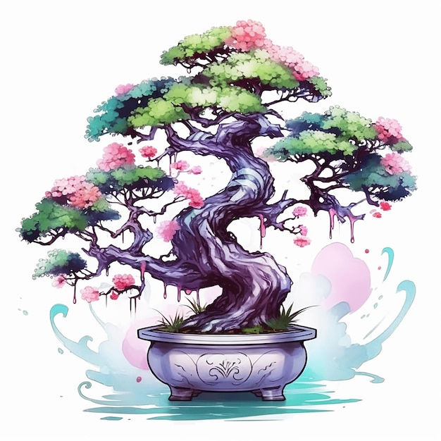 Um desenho de uma árvore bonsai com flores cor de rosa nele