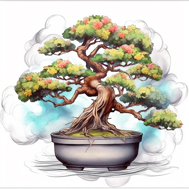 Um desenho de uma árvore bonsai com um vaso de plantas nele.