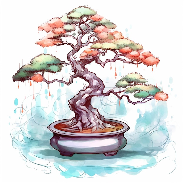 Um desenho de uma árvore bonsai em uma panela com um fundo azul.